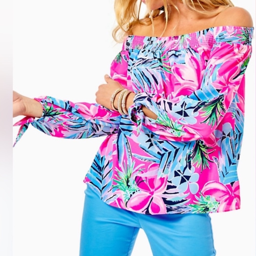 Lilly Pulitzer Maryellen Off-the-Shoulder Cockatoo Pink Pretty in Pink Blouse - Picture 2 of 5